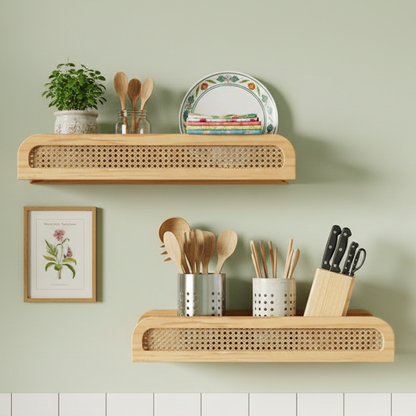 Wooden wall shelves with kitchen utensils and decor on a light green wall.