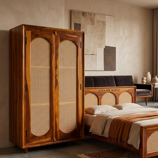 Wooden wardrobe with wicker doors in a bedroom setting