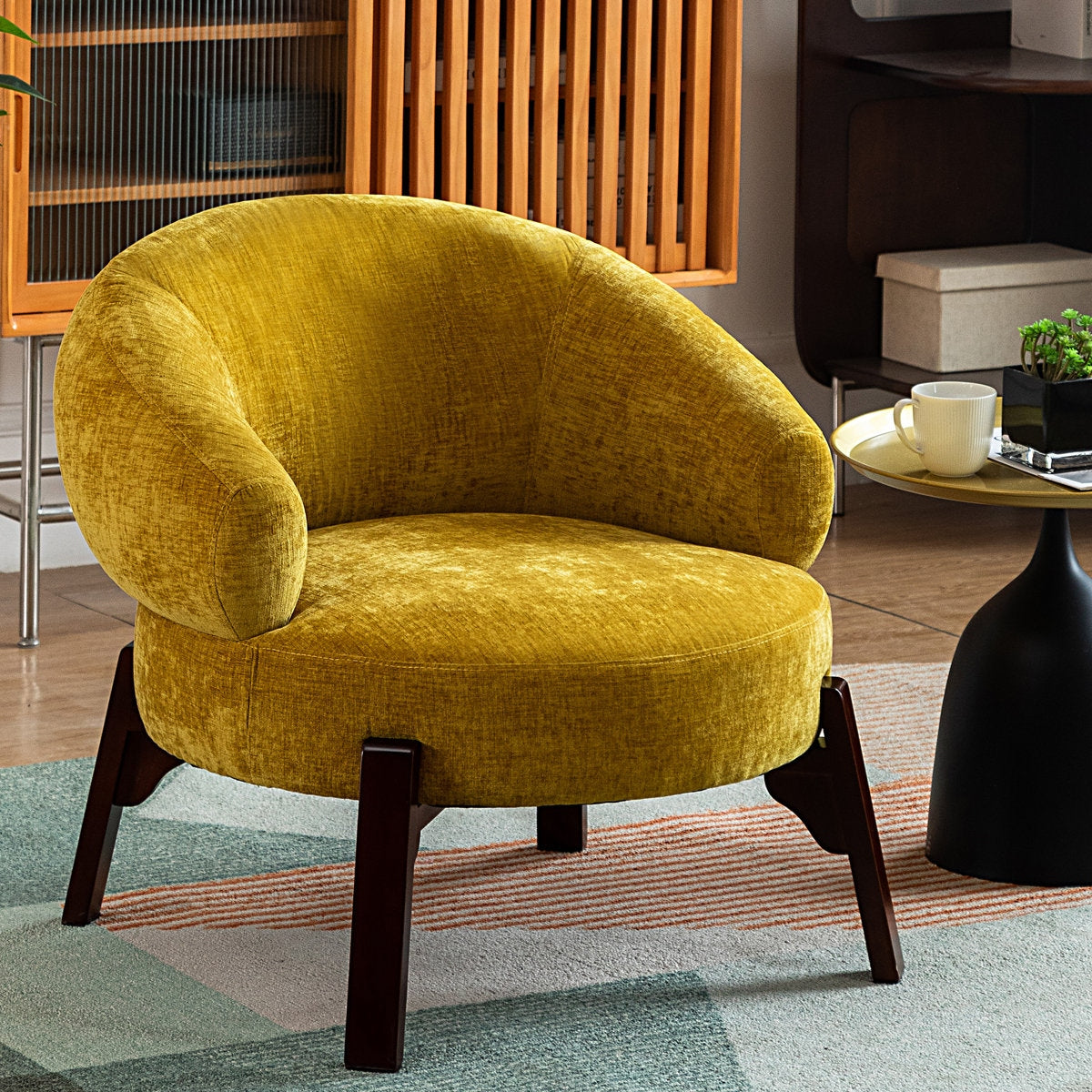 Yellow armchair in a room with a rug and furniture