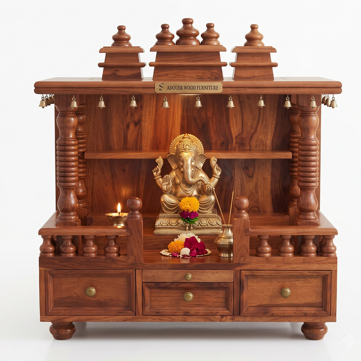 A large carved wooden Shiva mandarin altar with multiple tiers, ornate pillars, and drawers, featuring a gold Ganesh statue and decorative offerings on a white background.