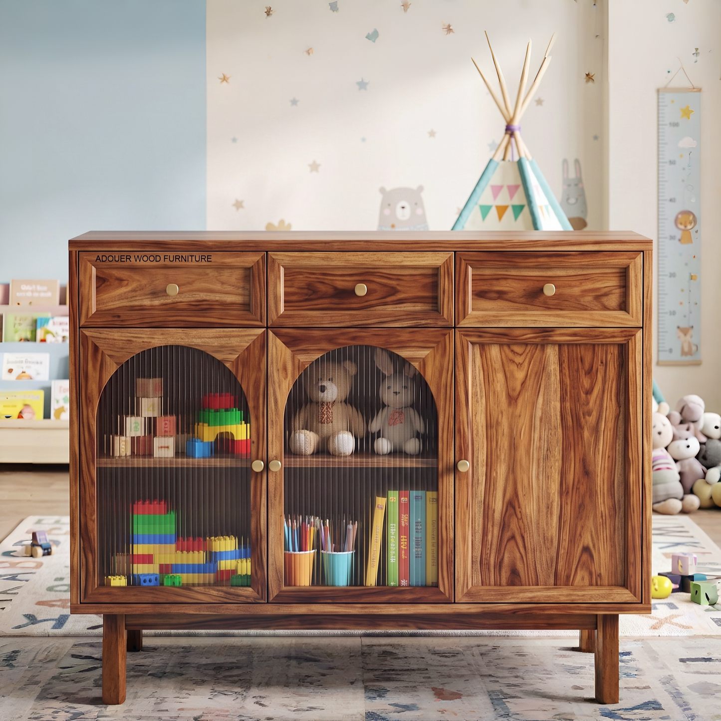 A wooden children's side cabinet in a warm medium brown finish, featuring two top drawers, two arched glass-front storage compartments with toys inside, and one larger glass-front door. The cabinet stands on a patterned rug in a styled children's room.