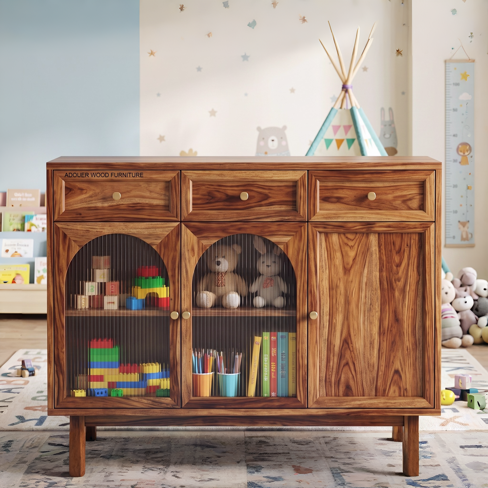 A wooden children's side cabinet in a warm medium brown finish, featuring two top drawers, two arched glass-front storage compartments with toys inside, and one larger glass-front door. The cabinet stands on a patterned rug in a styled children's room.