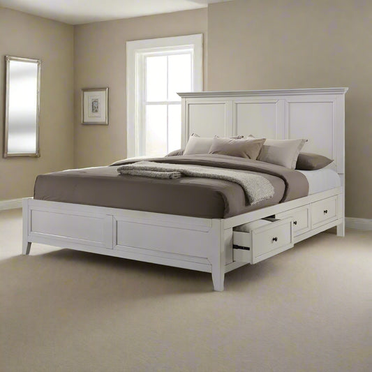 A white finished Sheesham wood classic bed with one side three storage drawers in a bedroom setting.