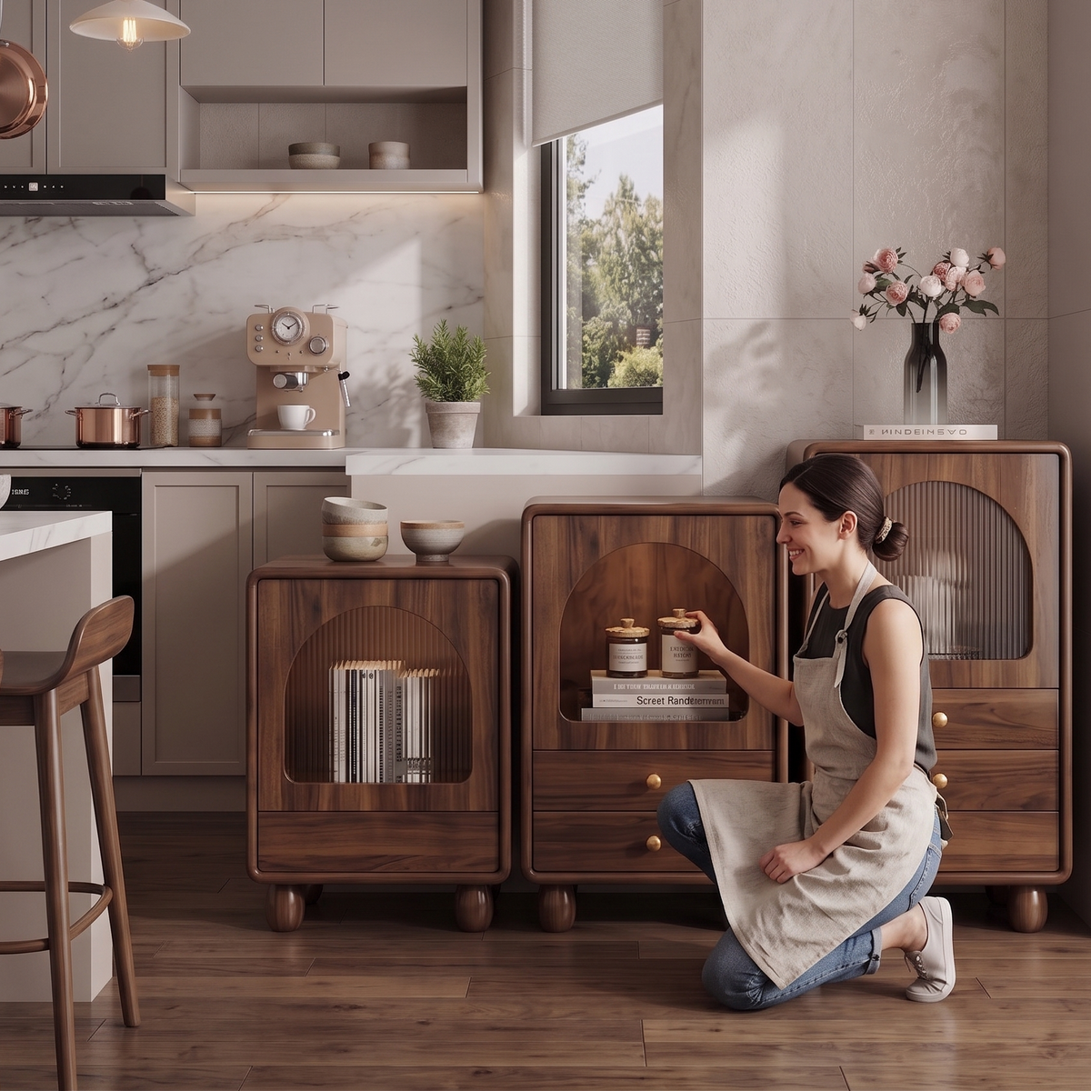 Woman in a kitchen with wooden cabinets and a vase of flowers.