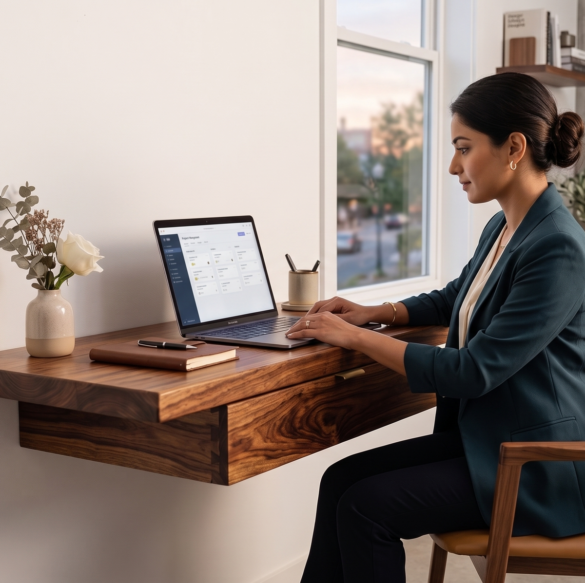Woman working on a laptop at a wooden desk with a window in the background