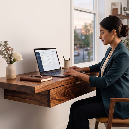Woman working on a laptop at a wooden desk with a window in the background