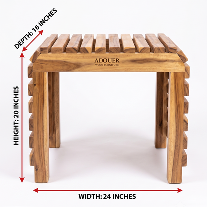 A wooden folding stool shown on a white background with red dimension arrows and text indicating depth 16 inches, height 20 inches, and width 24 inches. The stool has a slatted top and thick block legs, with the brand name ADOUER WOOD FURNITURE printed on the front.