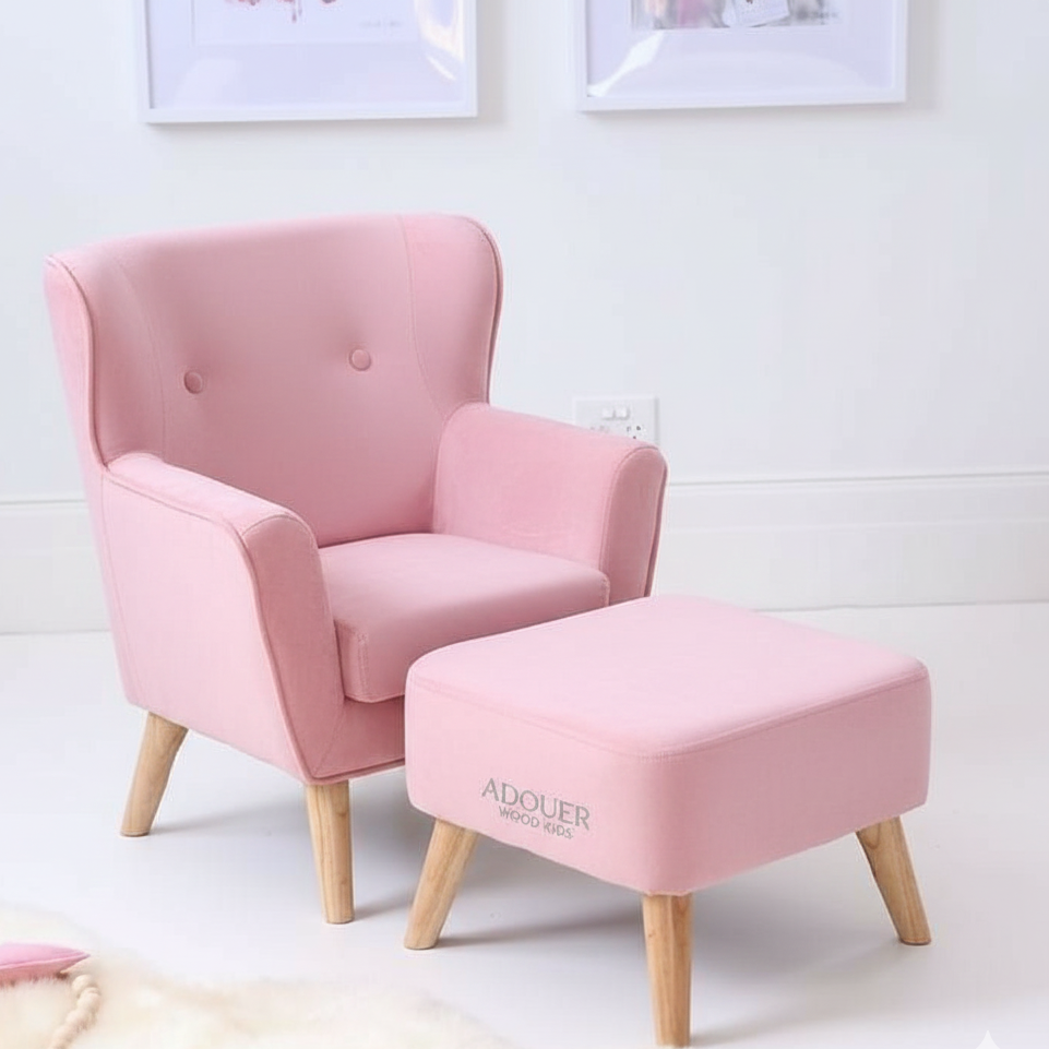 Pink armchair with matching ottoman on a white background
