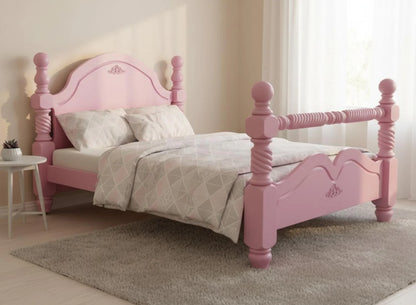 Pink bed with white bedding in a room setting