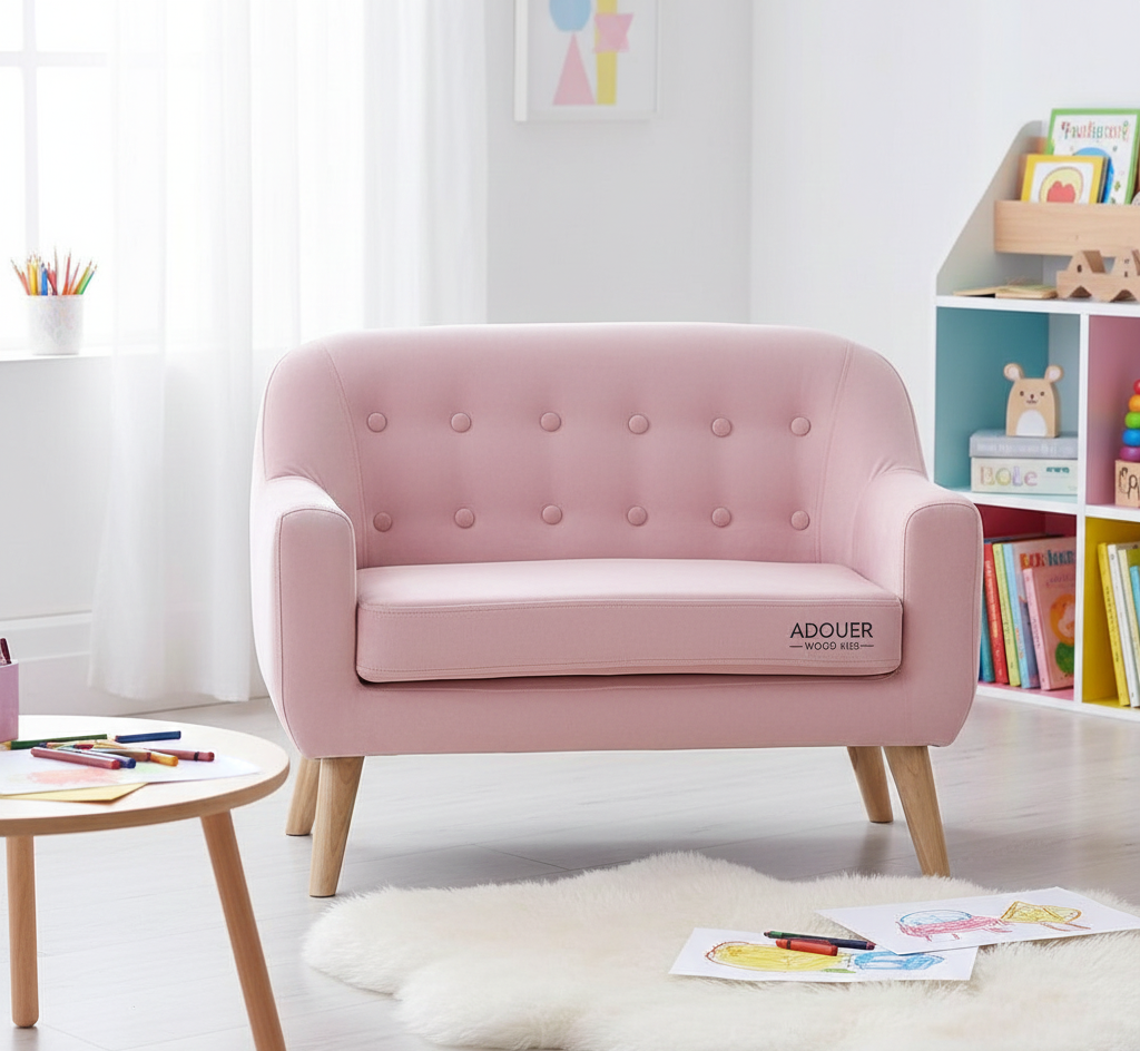 Pink children's sofa with 'ADOUER' branding in a room with books and toys.