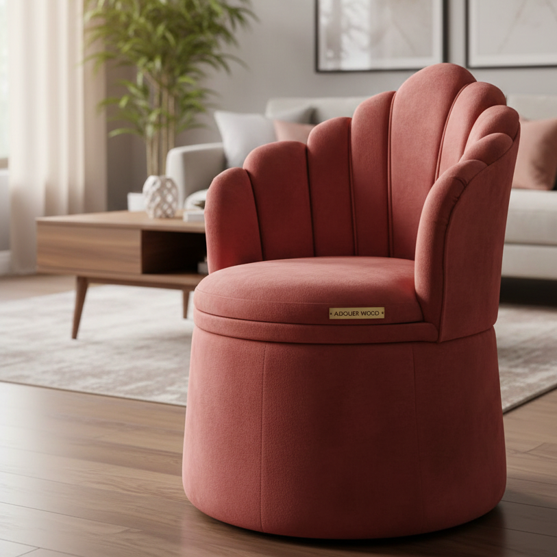 Pink shell-back chair in a living room setting with a visible brand label.