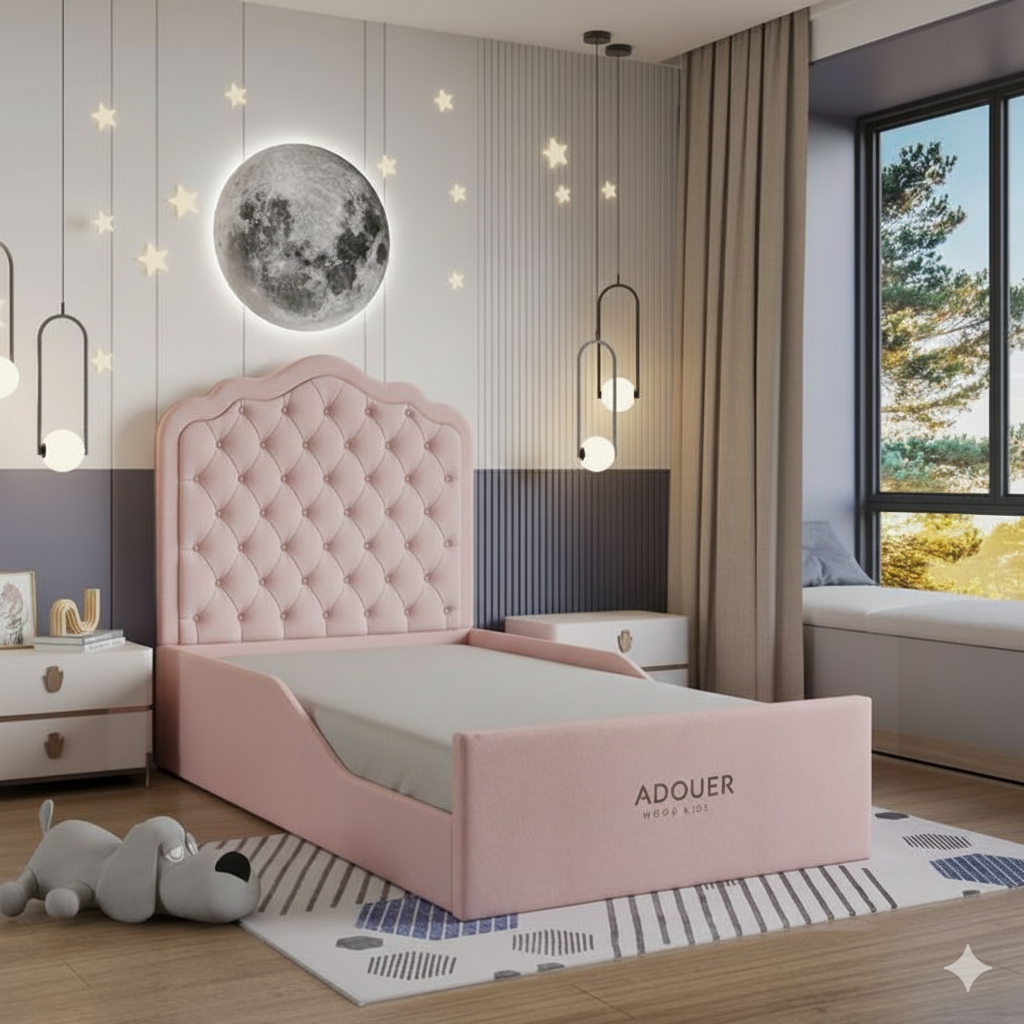 Pink tufted bed in a modern bedroom with decorative elements and natural light.
