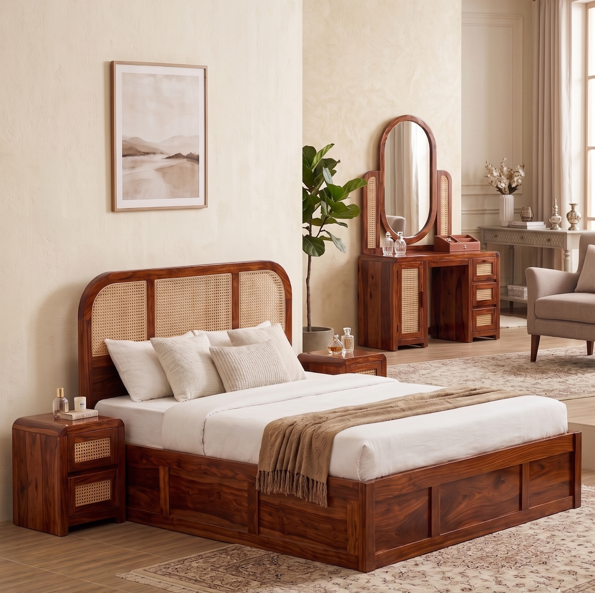 Wooden bedroom set with bed, nightstands, and vanity table in a well-lit room.