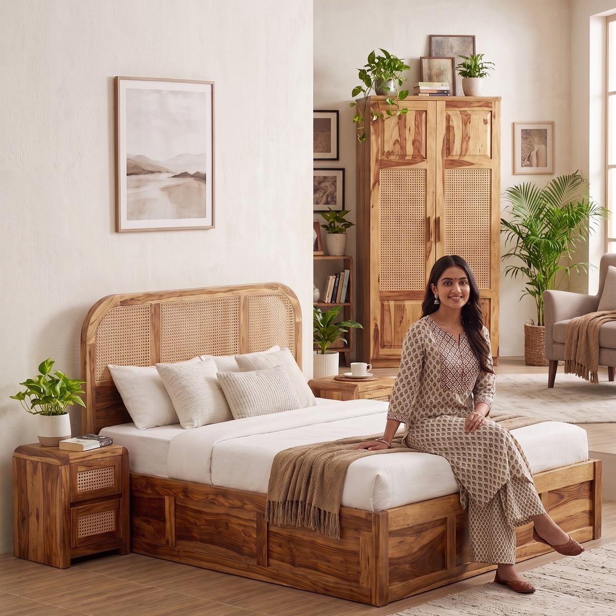 Woman sitting on a wooden bed in a well-decorated bedroom