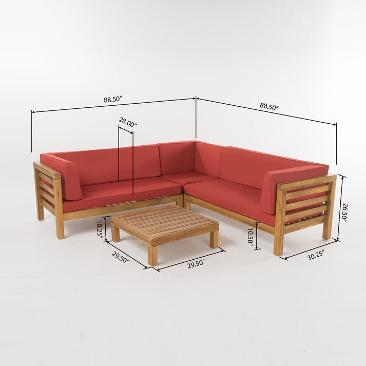 Red sectional sofa with wooden frame and ottoman, shown with dimensions on a white background