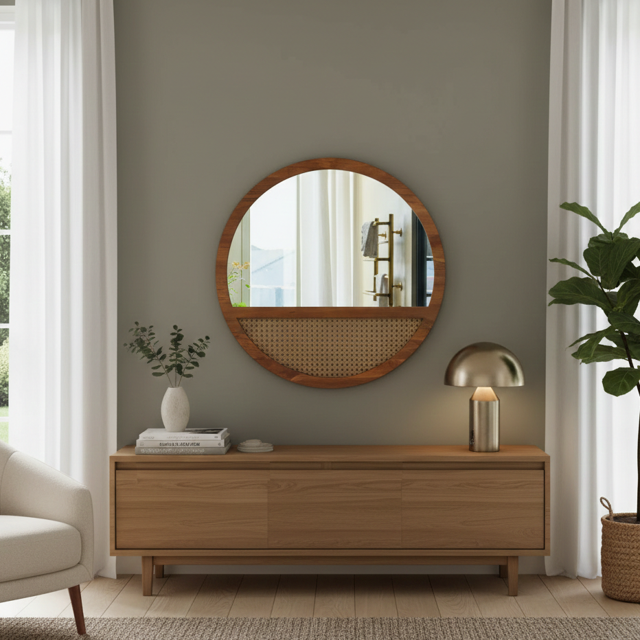 Round wooden mirror on a wall above a wooden console table in a room with a plant and lamp.