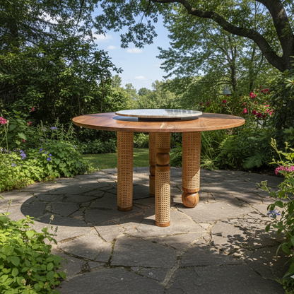 Round wooden table with wicker legs on a stone patio surrounded by greenery