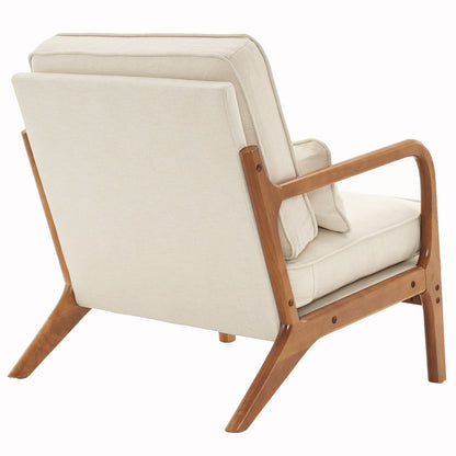 Beige armchair with wooden frame on a white background
