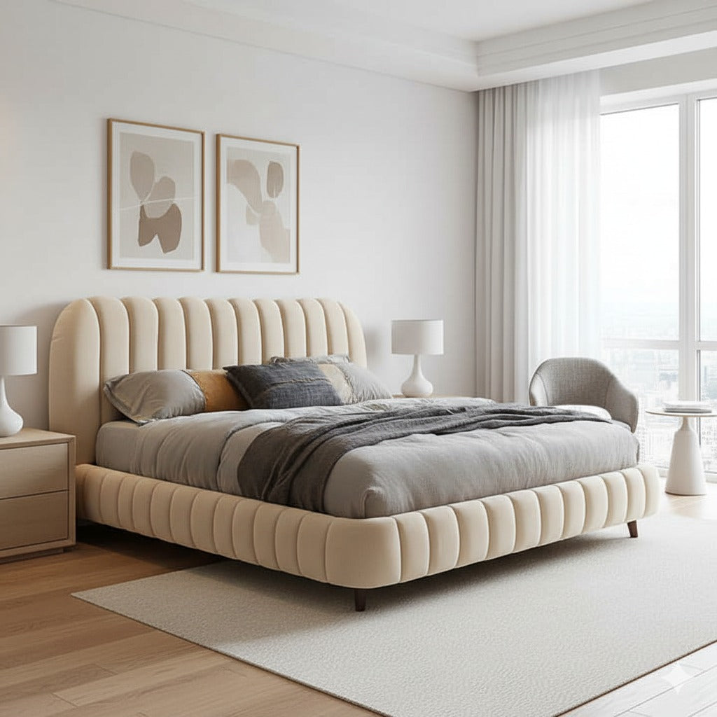 Beige upholstered bed in a modern bedroom with neutral decor
