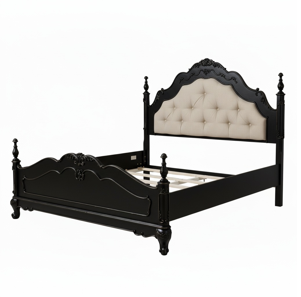 Black bed frame with tufted beige headboard on a white background