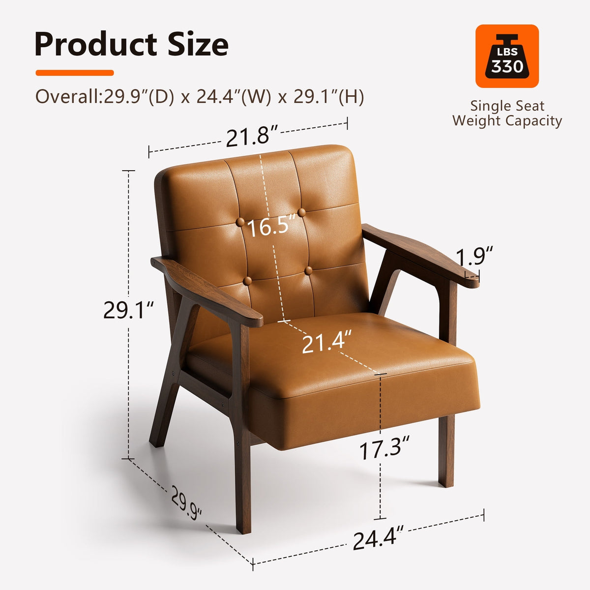 Brown leather armchair with dimensions labeled on a white background