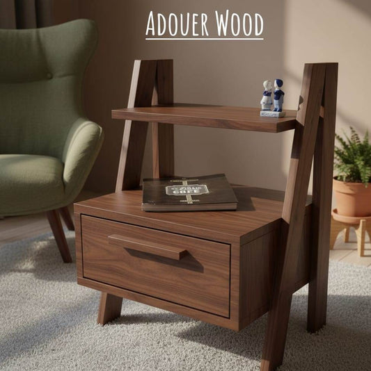 Wooden side table with a drawer and shelf in a room setting, featuring 'ADOUER WOOD' branding.