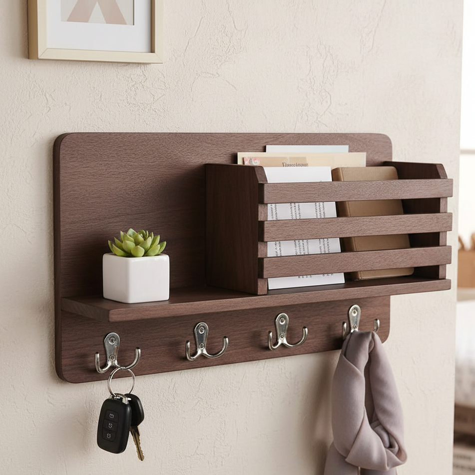 Wall-mounted wooden organizer with shelves and hooks on a beige wall.