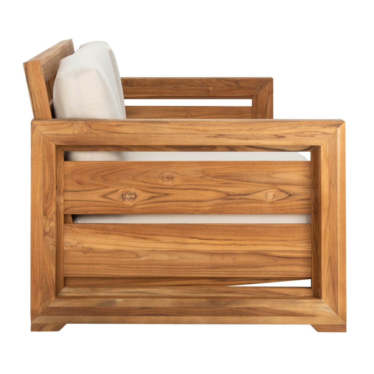 Wooden bed frame with a white pillow on a white background