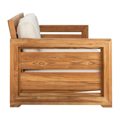 Wooden bed frame with a white pillow on a white background