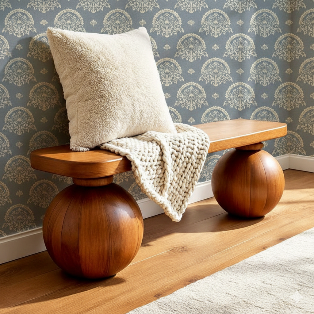 Wooden bench with a pillow and blanket against a patterned wall.