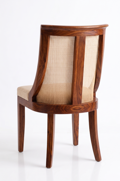 Wooden chair with a woven backrest on a white background