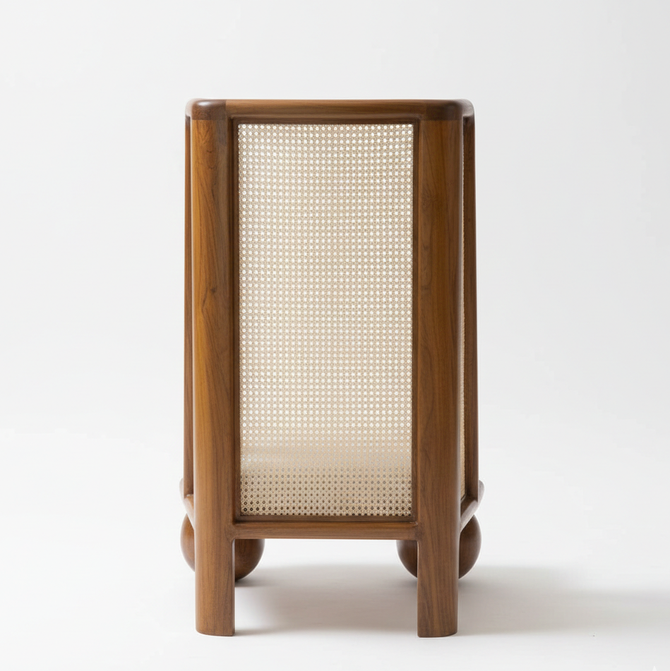 Wooden chair with woven backrest design on a white background