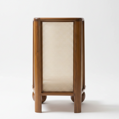 Wooden chair with woven backrest design on a white background