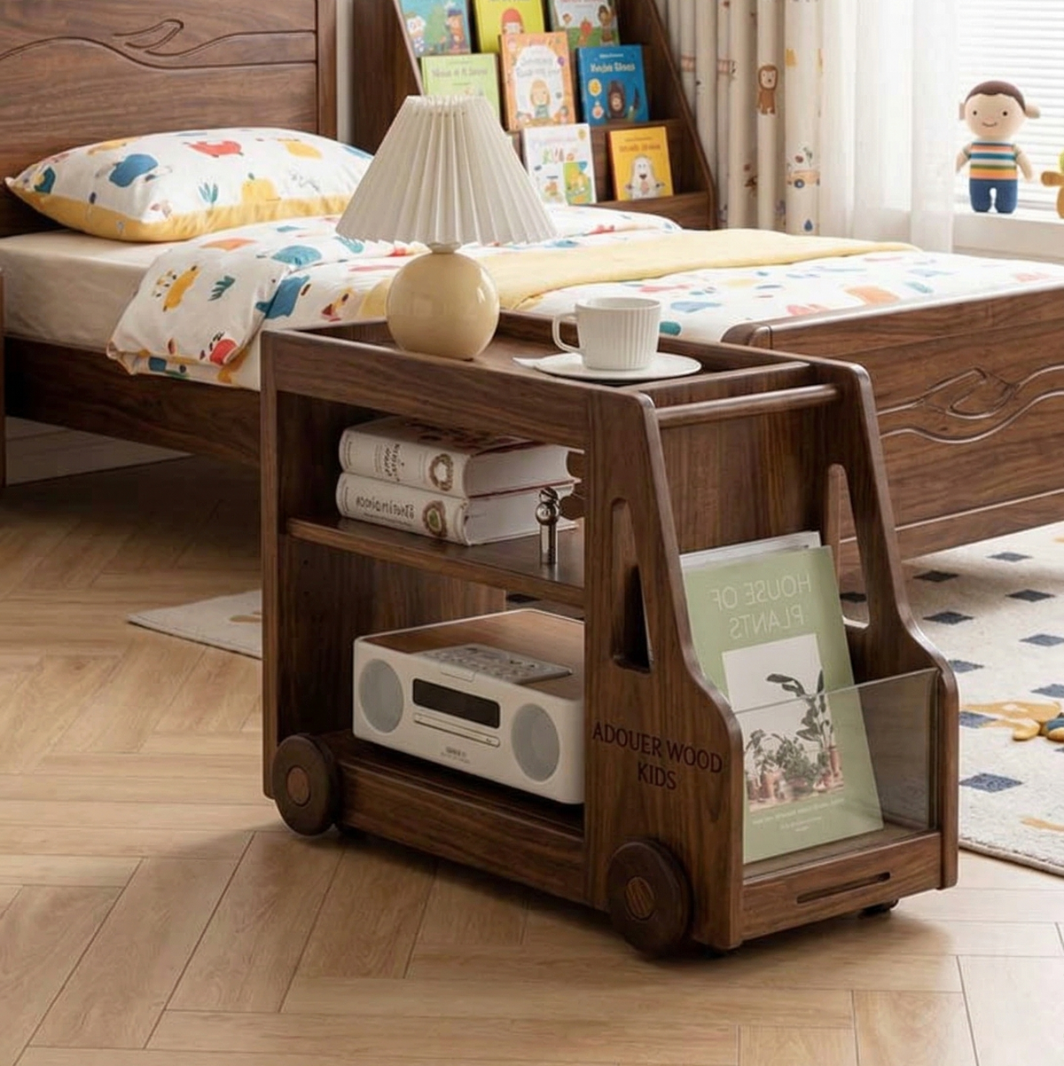 Wooden children's nightstand with books and a radio in a bedroom setting