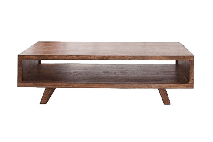 Wooden coffee table with a shelf on a white background