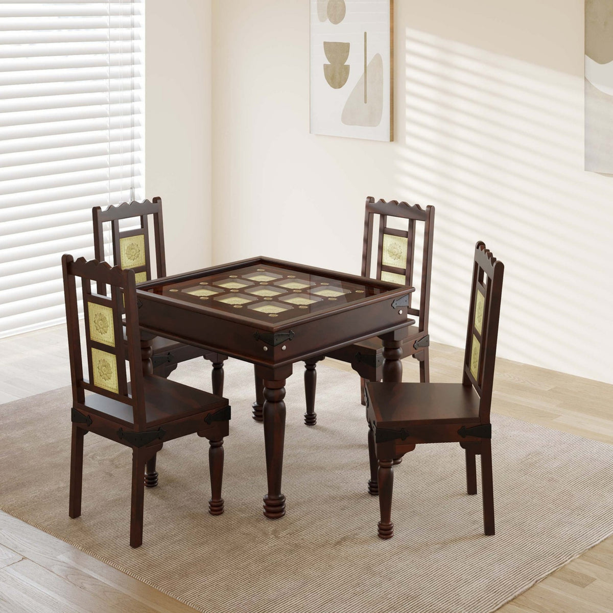  Wooden dining table with four chairs in a room with white blinds and a rug.