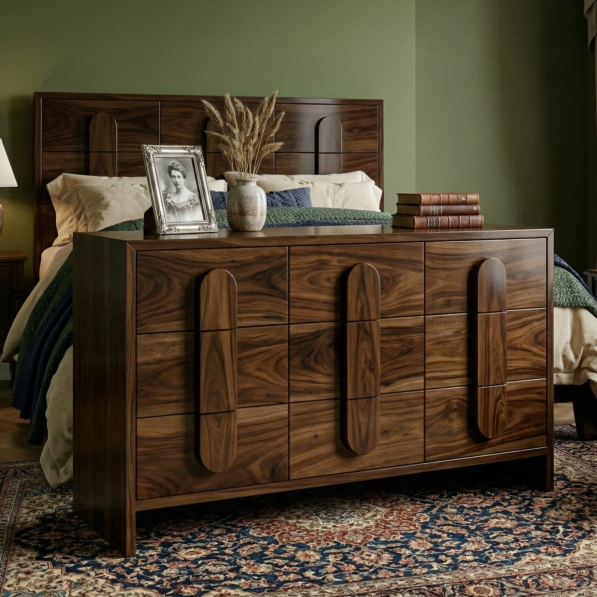 Wooden dresser with decorative items in a bedroom setting