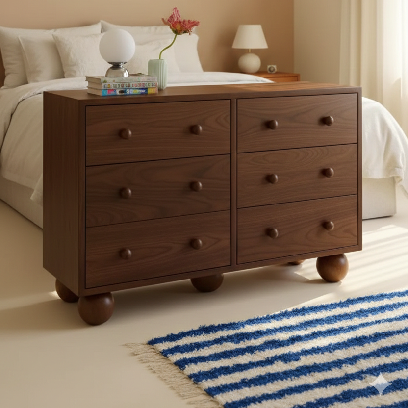 Wooden dresser in a bedroom with a striped rug