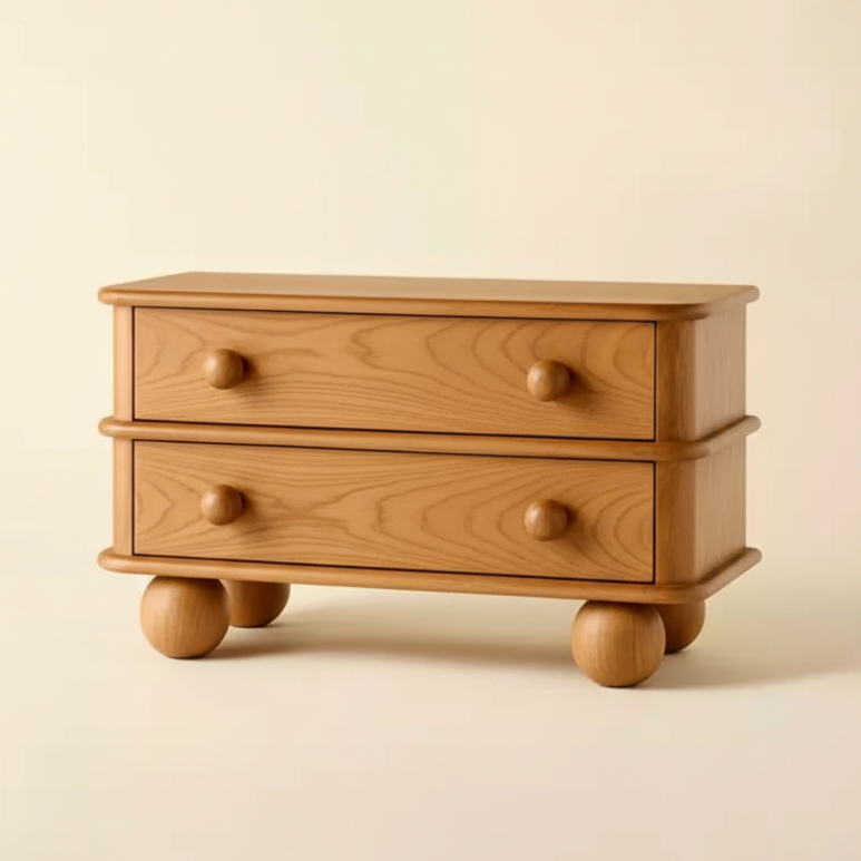 Wooden dresser with two drawers on a beige background