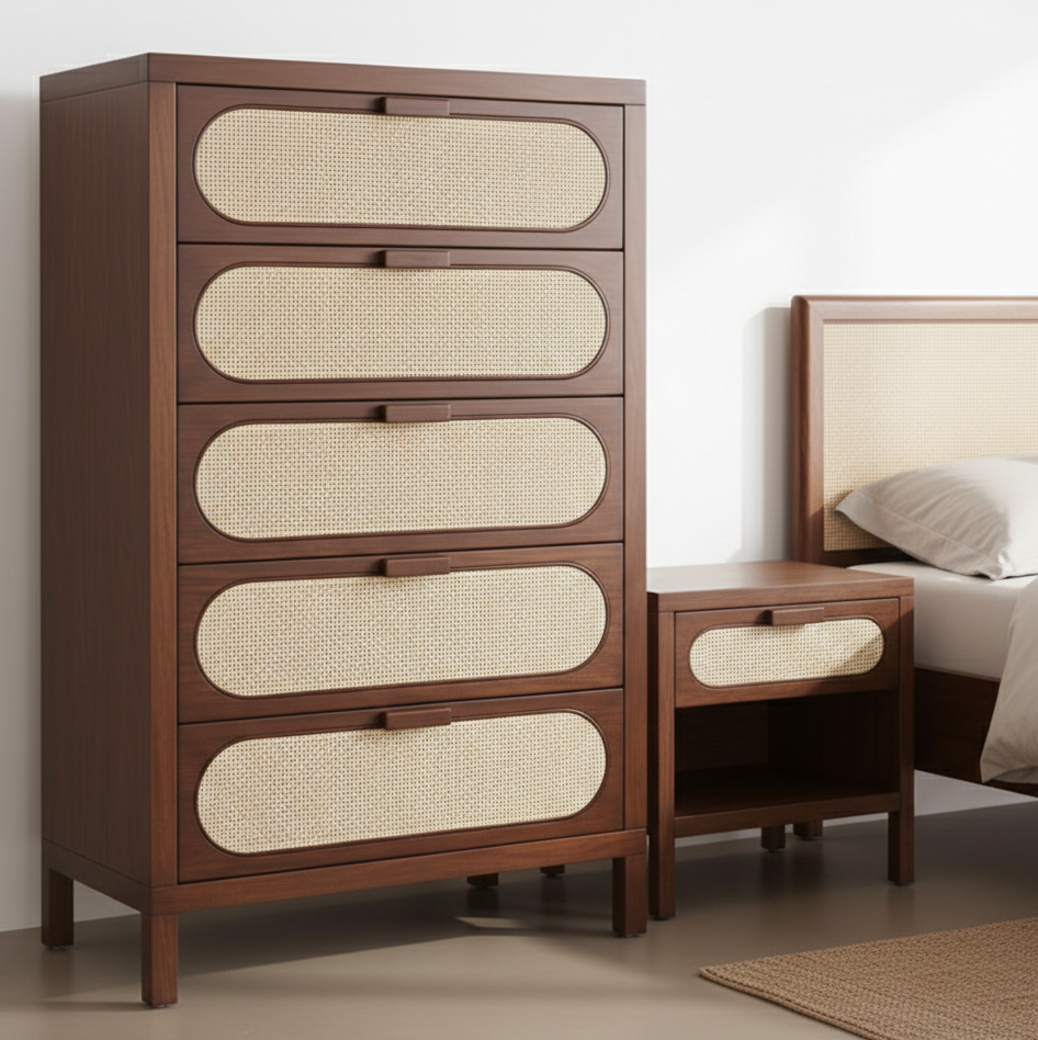 Wooden dresser with woven accents in a bedroom setting