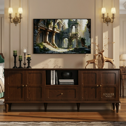 Wooden entertainment console with decorative items in a living room setting