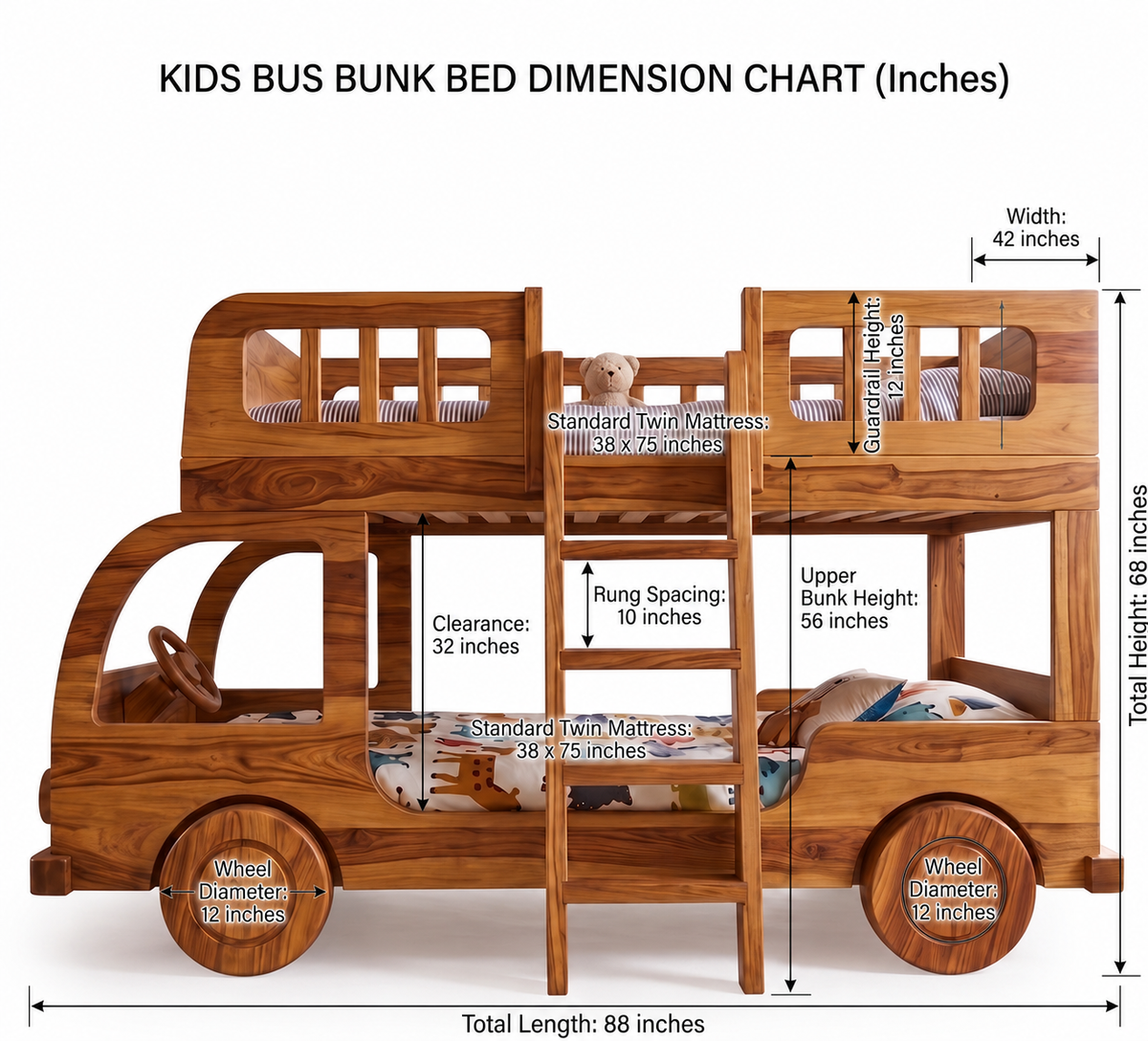 Wooden kids bus bunk bed with dimensions labeled on a white background