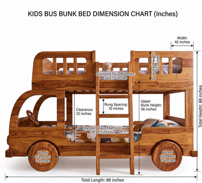 Wooden kids bus bunk bed with dimensions labeled on a white background