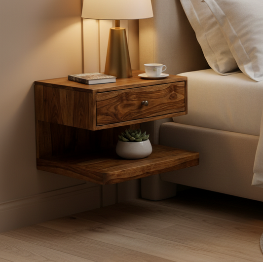 SHEESHAM Wooden nightstand with a lamp, book, and cup on a bed in a bedroom setting.