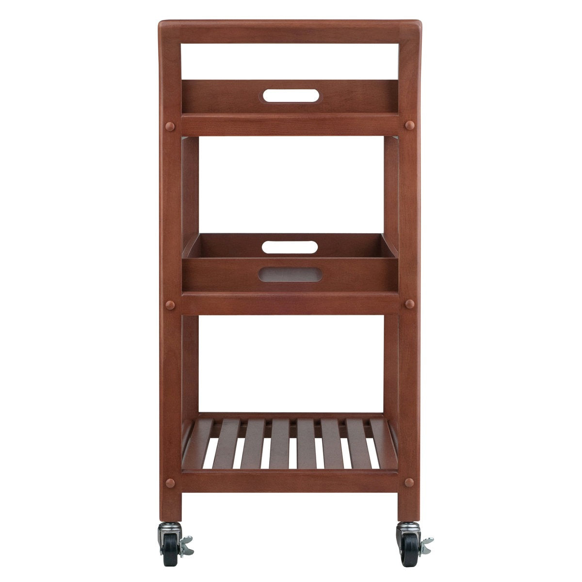 Wooden serving cart with three shelves on a white background