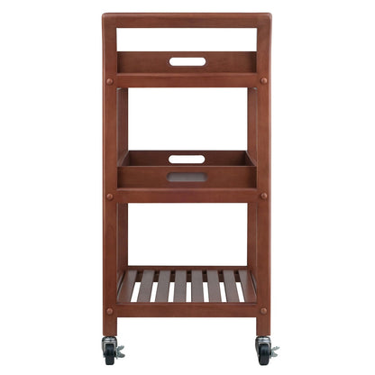 Wooden serving cart with three shelves on a white background