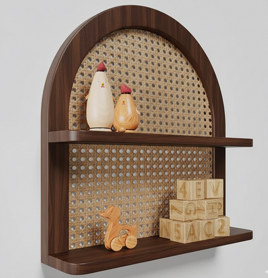 Wooden shelf with decorative items including wooden blocks and animal figurines on a light gray background.