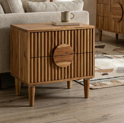 Wooden side table with a textured surface in a living room setting