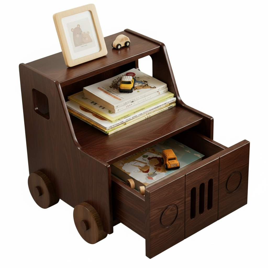 Wooden toy truck with books and toys on a white background