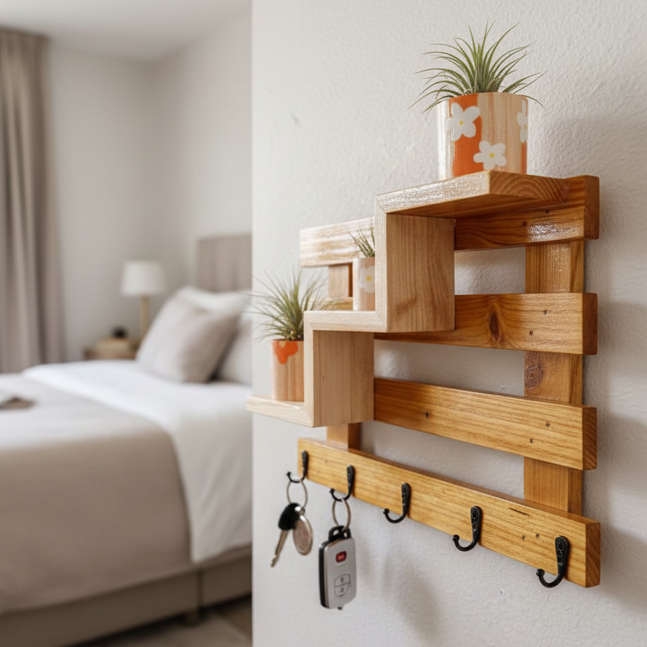 Wooden wall shelf with planters and hooks in a bedroom setting